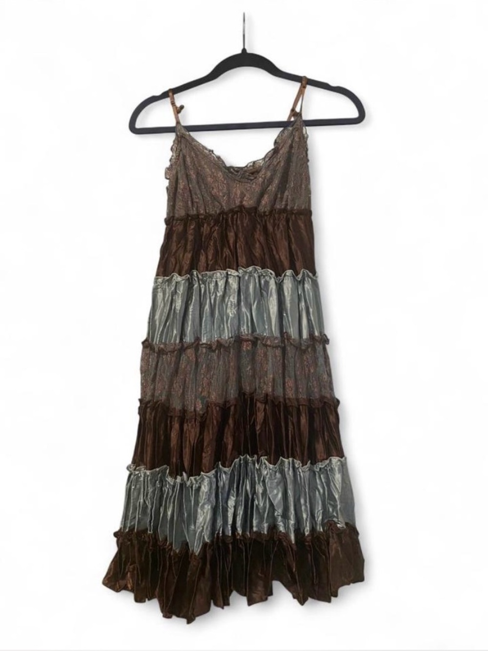 Guess Brown and Blue Tiered Spaghetti-Strap Dress